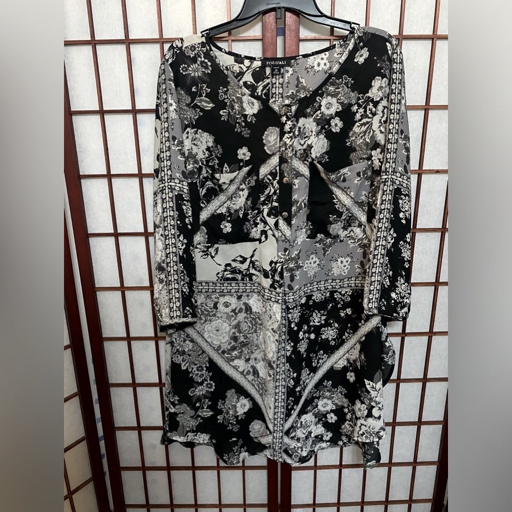 (S33) 3X Roz & Ali Black & White Boho Half Button Loose Sleeve Tunic/Dress EUC